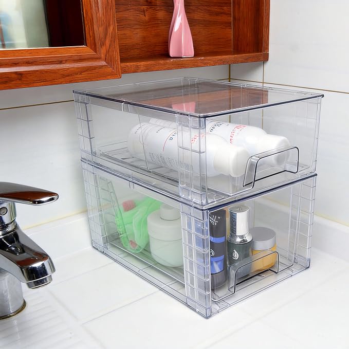 Medium Clear Stackable Storage Drawers (2 Pack), High-strength Acrylic Organizer Bins with Handles, Plastic Drawers for Fridge Bathroom Cabinet Closet Undersink Pantry Kitchen Makeup Storage - Image 8