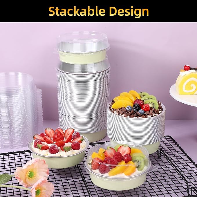 Beasea Disposable Tart Pans with Lids, 120 Pack 7.3oz Mini Pie Tins Creme Brulee Ramekins Aluminum Foil Pie Tart Cake Baking Pans Tins Cheesecake Containers for Birthday Party - Sage Green - Image 5