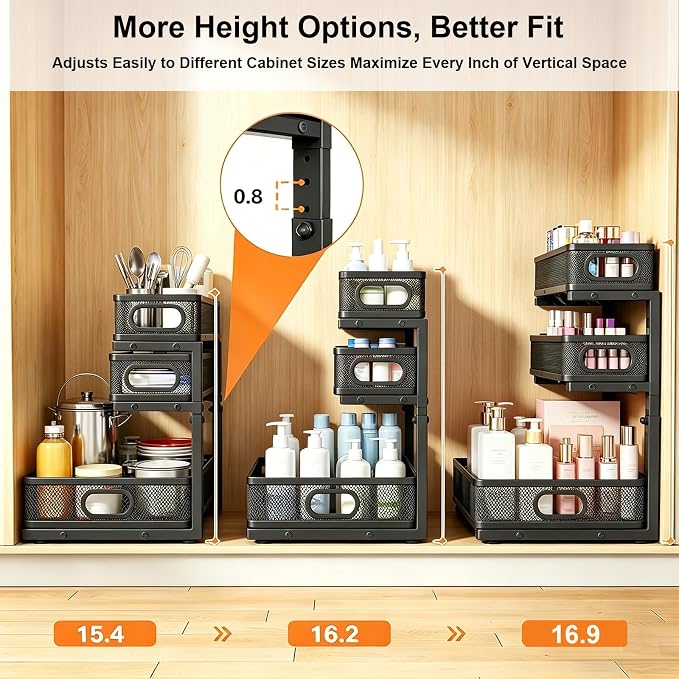 2 Pack Bathroom Under Sink Organizer, 3-Tier Pull Out Kitchen Cabinet Organizer with 5 Adjustable Heights Metal Slide Out Storage Makeup Drawer Rack for Bedroom Office Pantry Home Organization, Black - Image 3