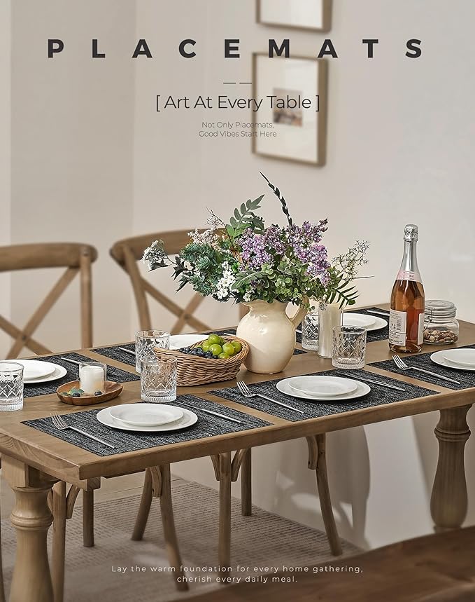 Leetaltree Black and Grey Woven Placemats Set of 4 - Heat Resistant Non-Slip Place mats for Dining Table, Washable Durable PVC Vinyl Woven Table Mats(Black & Grey, 4) - Image 2