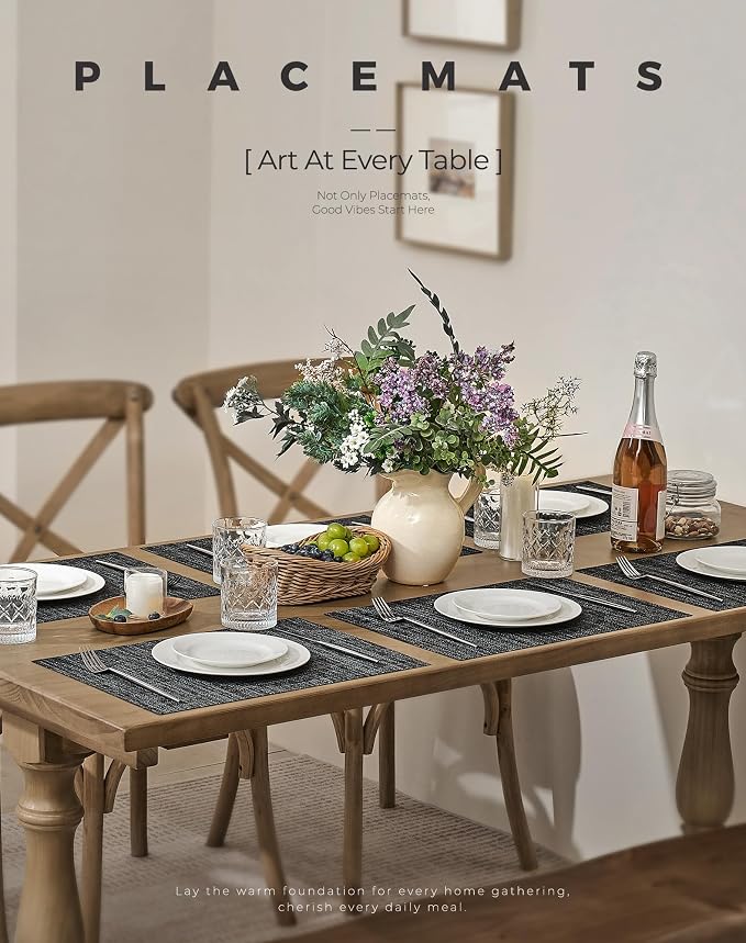 Leetaltree Black and Grey Woven Placemats Set of 12 - Heat Resistant Non-Slip Place mats for Dining Table, Washable Durable PVC Vinyl Woven Table Mats(Black & Grey, 12) - Image 2