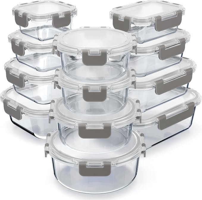 Bakken Borosilicate Glass Food Storage Containers with Lids 24 Pieces, BPA-Free Stackable Lunch & Leftover Containers, Microwave, Freezer & Dishwasher Safe, 100% Airtight Leak-Proof, Gray by BAKK%C3%8BNMASTER