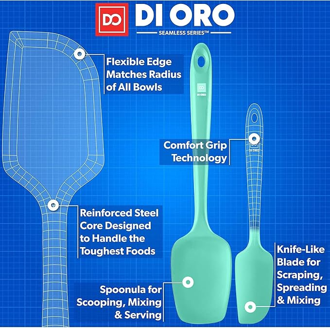 DI ORO Silicone Spatula Set - Rubber Kitchen Spatulas for Baking, Cooking, & Mixing - 600°F Heat-Resistant & BPA Free Silicone Scraper Spatulas for Nonstick Cookware - Dishwasher Safe (5pc, Mint) - Image 4