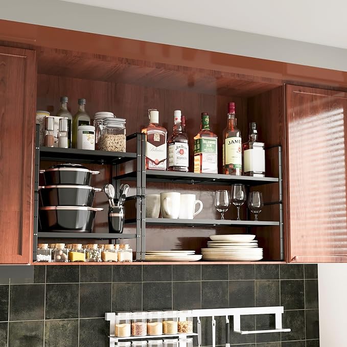 16.5~27.1" Expandable Shelf，2Pack 10.2" Wide Adjustable Height Cabinet Shelves，Black - Image 2