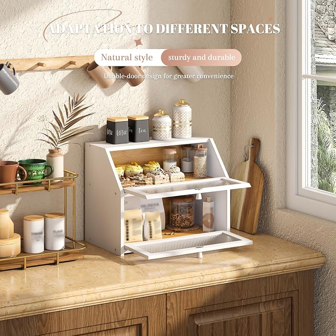 STDDRE Bread Box for Kitchen Countertop Bin Double Layer Bread Box Storage Container Extra Large Capacity Farmhouse with Diamond Pattern Windows (White, Large) - Image 6