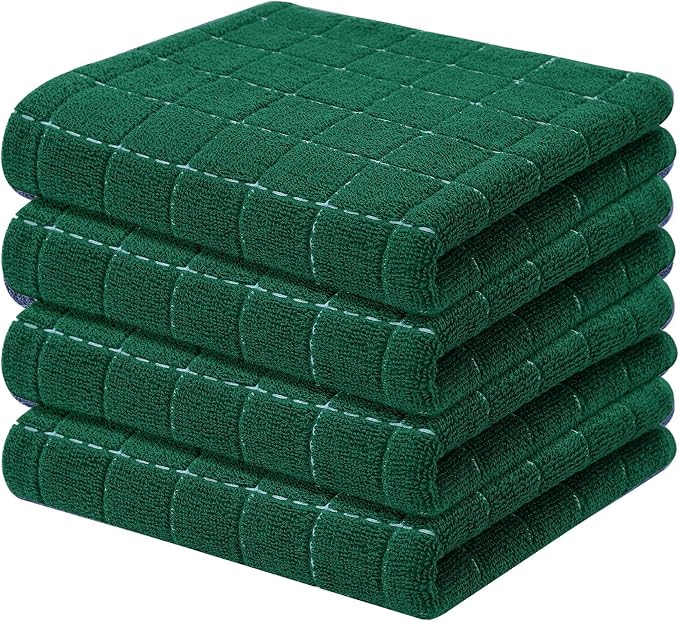Kitinjoy 100% Cotton Terry Kitchen Towels, 13”x 28”, 4-Pack,Dark Green | Checkered Designed, Ultra Soft Absorbent Quick Drying Dish Towels by Kitinjoy
