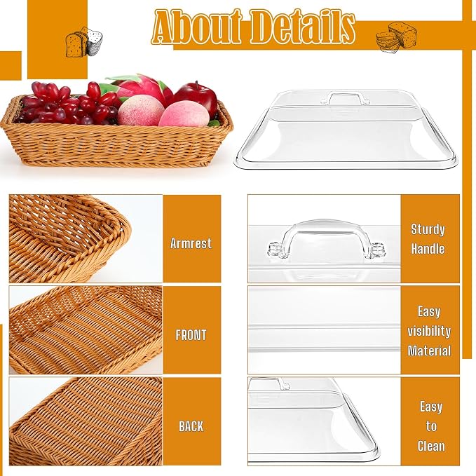 2 Pack Wicker Bread Basket for Serving, Imitation Rattan Bread Basket with Acrylic Lid and Metal Display Stand Rectangle Woven Fruit Basket with Cover for Food Display Tabletop 13.78 x 9.84'' - Image 5
