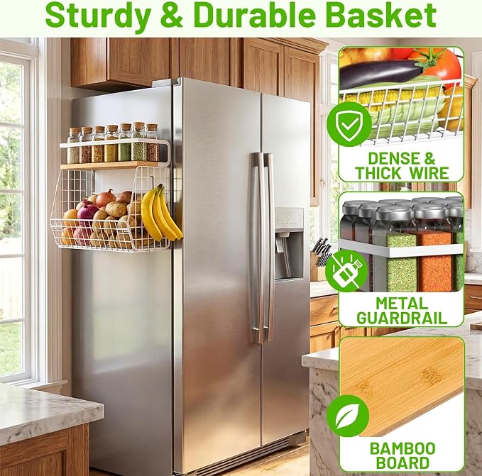Magnetic Fridge Shelf with Wood Lid, Fruit Potato Onion Storage Bins, Pantry Organizers, Large Container Spice Rack for Refrigerator, Kitchen Counter, Cabinet (2, White) - Image 4