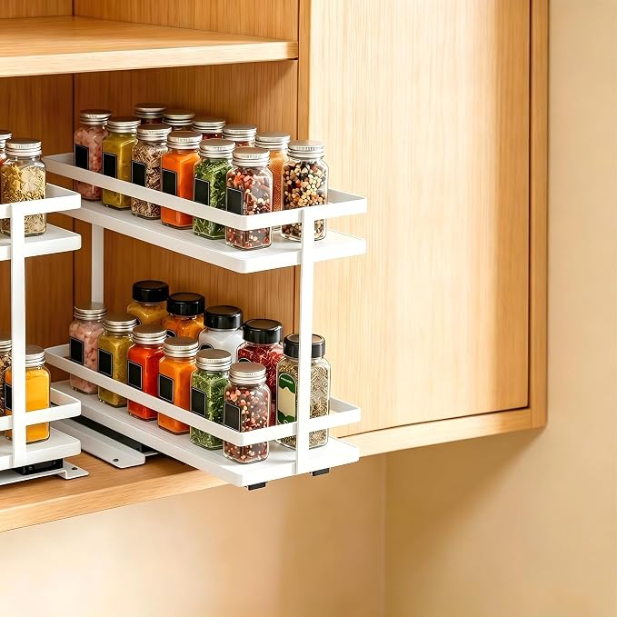 Pull Out Spice Rack 2-Tier Metal & Wood Seasoning Organizer White | No-Drill Install | Full-Extension Silent Glide | Each Tier Holds 10–12 Standard Spice Bottles | Rustproof, Wipe-Clean Surface by HOFUSUSER