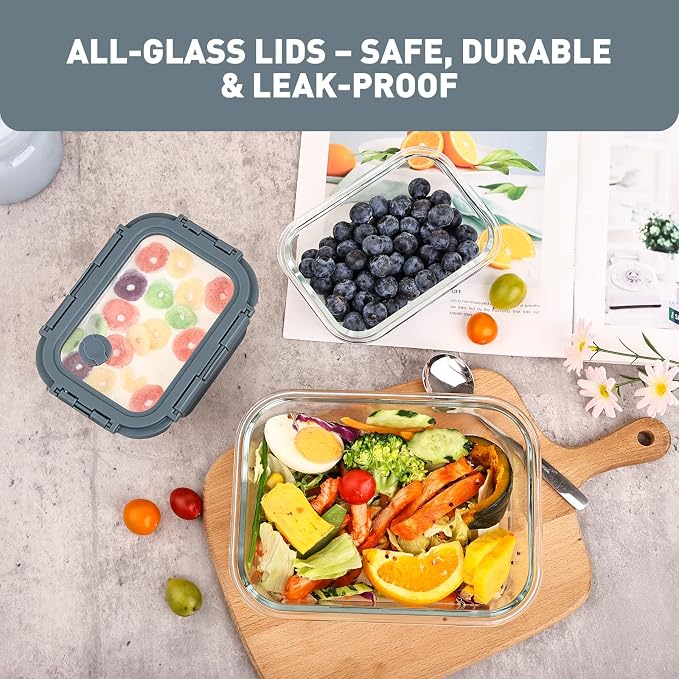 Liuruiyu 10 Pack Glass Food Storage Containers with Glass Lids, Airtight Meal Prep Containers, Leak-Proof Bento Boxes for Microwave, Oven, Freezer & Dishwasher, BPA-Free - Image 2