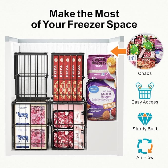 Freezer Organizer Bins - Height-Adjustable Holds 12" Pizza, 4 Pack | Extra Large, Stackable For 5 to 7 Cu. Ft Chest Freezers, Easily Sort and Get Frozen Foods with Handles, No Digging, Black - Image 4