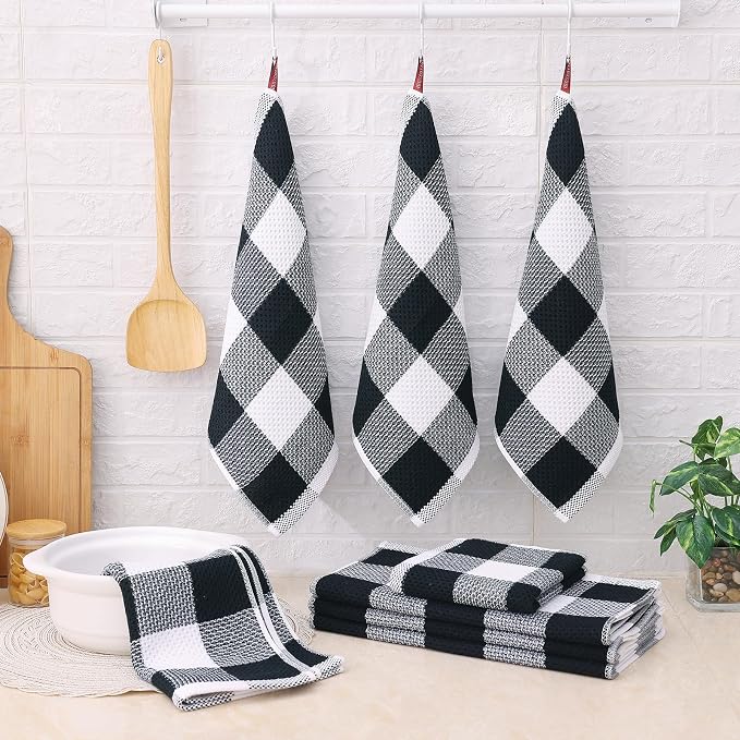 Homaxy Kitchen Towels and Dishcloths Set, Set of 8, White & Black | Bulk Cotton Waffle Weave Check Plaid Kitchen Towels, Super Soft and Absorbent Dish Cloths, 12 x 12 and 13 x 28 Inches - Image 6