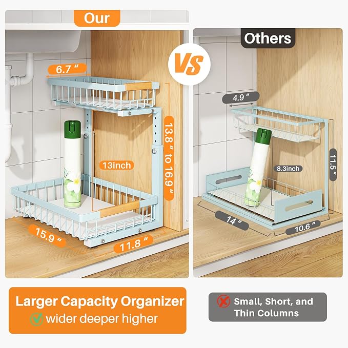 PXRACK Under Sink Organizer, Adjustable Height, 2 Tier Pull Out Under Cabinet Organizer, Slide Out Thickened Metal Under Sink Storage for Kitchen Bathroom Laundry Pantry Cabinet, Blue, Large-2-Pack - Image 2