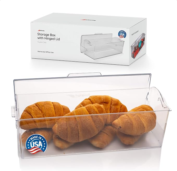 Pikanty Bread Box for Kitchen Countertop - 16 Inch Clear Plastic Storage Container with Hinged Lid, Keeps Loaves, Bagels, Buns, Rolls, Cookies and Crackers Fresh, Dishwasher Safe, Made in USA by Pikanty