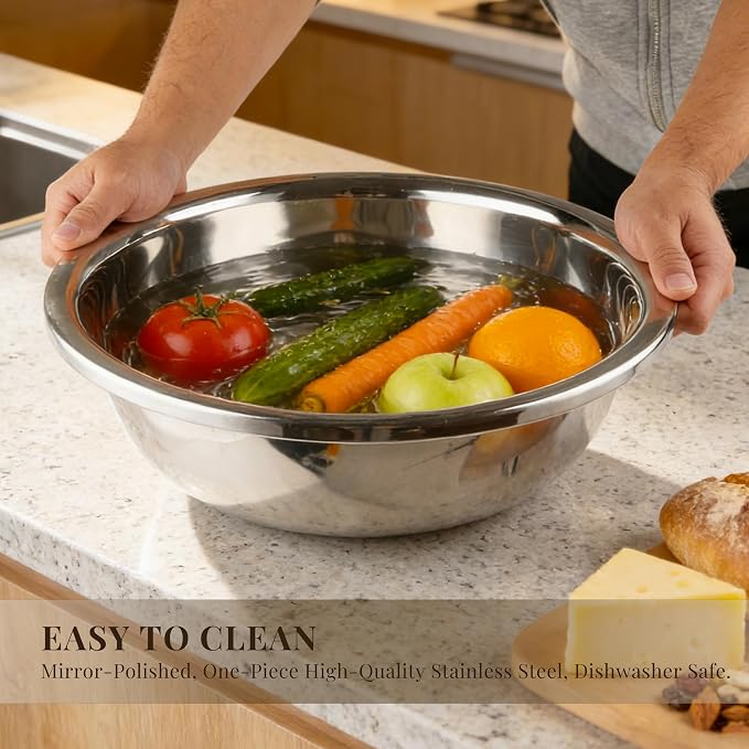 3-Piece Metal Mixing Bowl Set, Stainless Steel, Nesting | 1.3, 3.5 and 7.4 qt sizes with wide rolled rims, flat bases and deep bowls for baking, dough and salad prep - Image 4