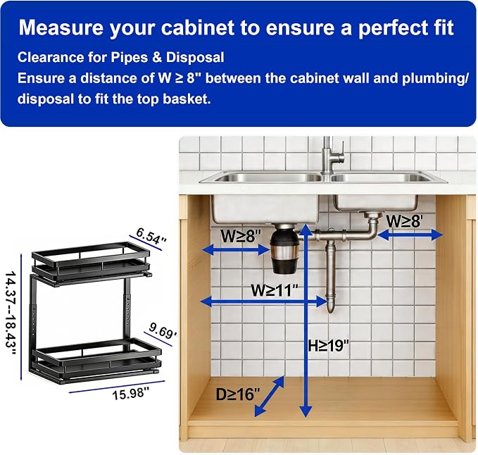 2-Tier Metal Pull-Out Under Sink Organizer, Black, 1 Pack | Carbon steel, ball-bearing pull-out, 6-level adjustable, no-drill setup, for under-sink pipes and bottles - Image 2
