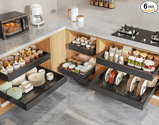 Seinloes 6 Pack Pull Out Cabinet Organizers 21" Deep With Raising Pad for Framed Cabinets, Expandable Slide Out Drawers with 4pcs Divider Racks, Roll Out Shelves, Adjustable Width 12"-20.45" Black by Seinloes