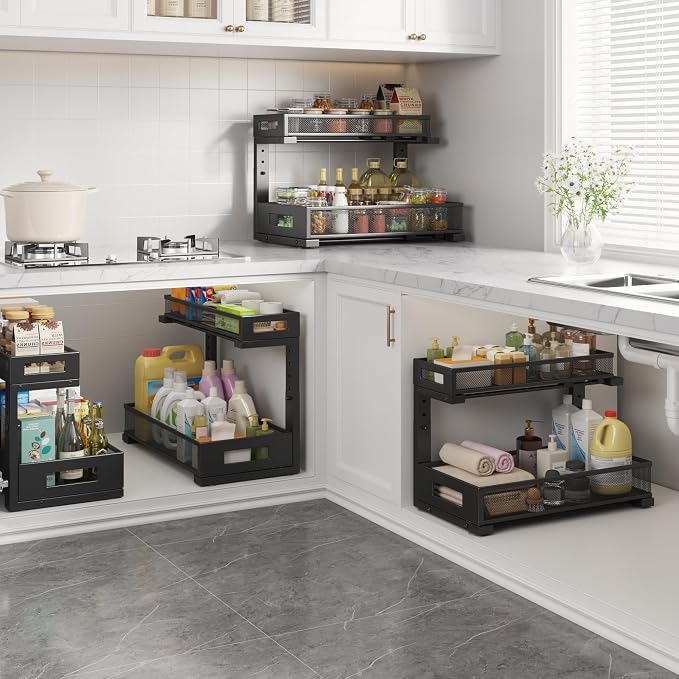 2 Pack 17IN Depth Under Sink Storage Organizer, Large 2-Tier Elegant Mesh Pull Out Shelf for Kitchen and Bathroom Cabinet Organization, L-Shaped and Adjustable Height Design-Black - Image 6