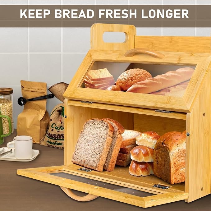 BAMBANG Bread Box for Kitchen Countertop, Extra Large Double Layer Bamboo Breadbox with Clear Window, Farmhouse Wooden Bread Storage Container for Homemade Bread, Knife & Cutting Board Holder, Natural - Image 5