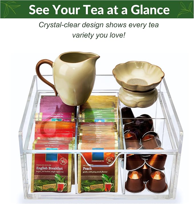 Heavy-Duty Acrylic Tea Station with 6-Compartment Drawer Organizer | Versatile Design: Features a smooth-sliding drawer with 6 compartments, plus a sturdy station top for coffee pods or mugs - Image 8