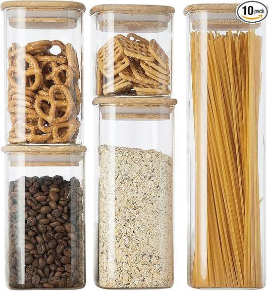 Glass Food Storage Jars,Spaghetti Pasta Storage Container,Borosilcate Glass Canister Set with Eco-Friendly Bamboo Lids for Noodles Flour Cereal Coffee Beans - 10 pc set by GENICOOK