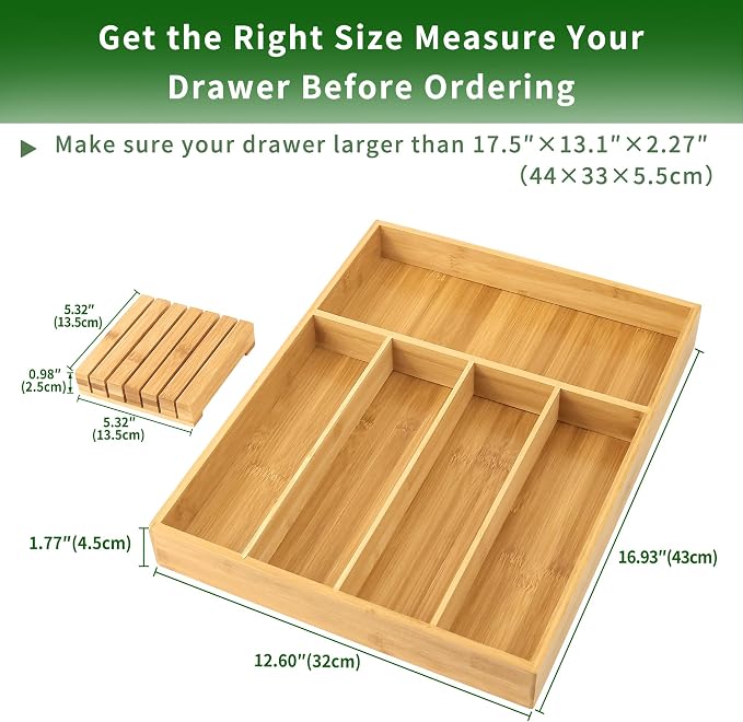 VaeFae Bamboo Silverware Drawer Organizer, 5 Slots, Natural | Wooden Cutlery Tray with Divider for Kitchen, Flatware Storage,43 cm D x 32 cm W, 5 Slots, Natural - Image 5