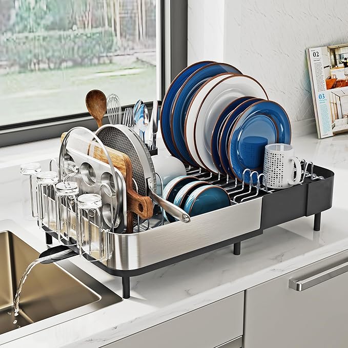 Expandable Dish Drying Rack, Versatile Brackets for Pots & Pans, Space Saving Kitchen Drying Rack, Dish Racks for Kitchen Counter, Stainless Steel Dish Drainers with Extendable Spout, Black by SUNLYHOME