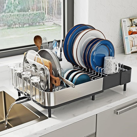 Expandable Dish Drying Rack, Versatile Brackets for Pots & Pans, Space Saving Kitchen Drying Rack, Dish Racks for Kitchen Counter, Stainless Steel Dish Drainers with Extendable Spout, Black by SUNLYHOME