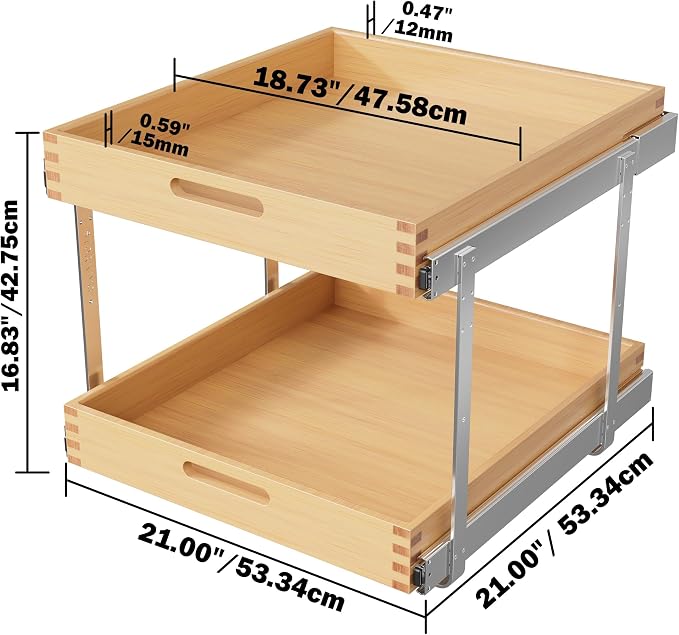 2 Tier Pull Out Drawers for Cabinets 21"W x 21"D, Farmeless&Farme | Full Slide Out Wood Drawer Shelf, Heavy Duty Caddy Pull Out Cabinet Organizer, Base Cabinet Organization for Kitchen, Pantry - Image 2