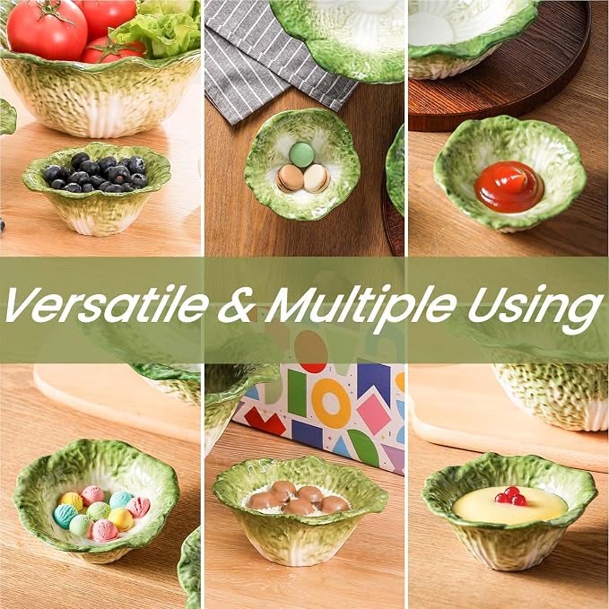 KXZ 5 oz Ceramic Dipping Bowl, Green Cabbage Shape Small Bowls, Porcelain Mini Baking Cups Oven Safe for Personal Ice cream, Soy Sauce, Dipping Dish, Cheese, Snack, Yogurt, Ketchup, BBQ - Image 4