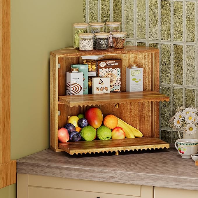 Trironsun Acacia Corner Bread Box for Kitchen Countertop Wood Two Layer Large Capacity Bread Storage Bin Vintage Storage for Homemade Bread (Acacia Wood) - Image 3