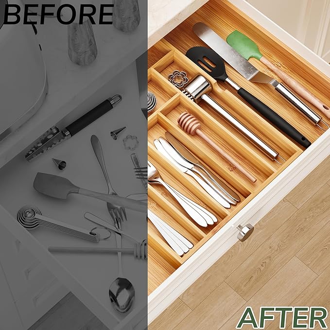 BAMEOS drawer organizer flatware organizer cutlery tray silverware organizer expandable adjustable bamboo drawer organizer kitchen bathroom - Image 6