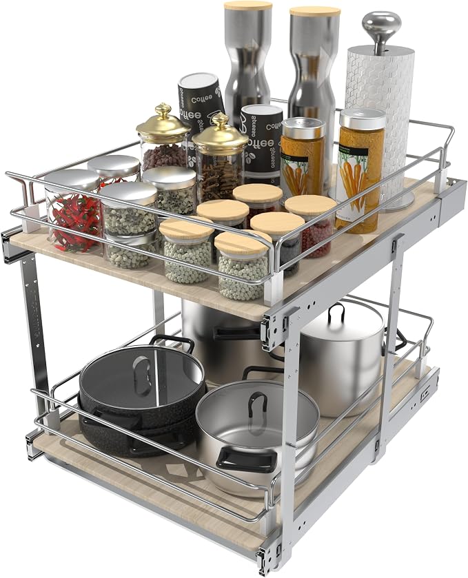 2 Tier Pull Out Cabinet Organizer 14.45" W X 22" D, Wood & Chromed | Full Slide Out Drawers For Kitchen Cabinets, Cabinets Capacity Heavy Duty Caddy, Cabinet Pullout Shelves , Pantry Storage - Image 8