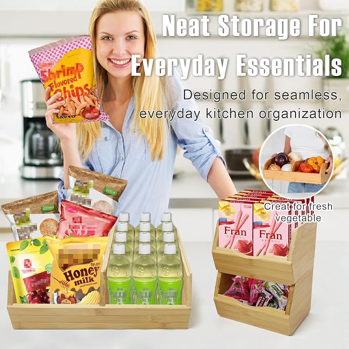 MinBoo Bamboo Stackable Pantry Storage Bins Potato and Onion Storage,Fruit Basket for Pantry Organization,Fruit Bowl for Kitchen Counter,Fruit and Vegetable Storage (Bamboo) - Image 4