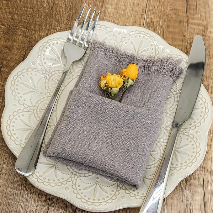 Handmade Cloth Napkins with Fringe,18 x 18 Inches Cotton Linen Napkins Set of 6 Versatile Handmade Square Rustic Fringe Napkins for Dinner, Wedding and Parties, Gray - Image 4