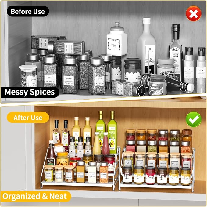 2 Pack Spice Rack Organizer for Cabinet, Depth Adjustable 4 Tier Spice Rack | White, Metal Spice Organization for Cabinet, Easy Visibility, Tiered Spice Rack Perfect for Cabinet, Pantry and Countertop - Image 3
