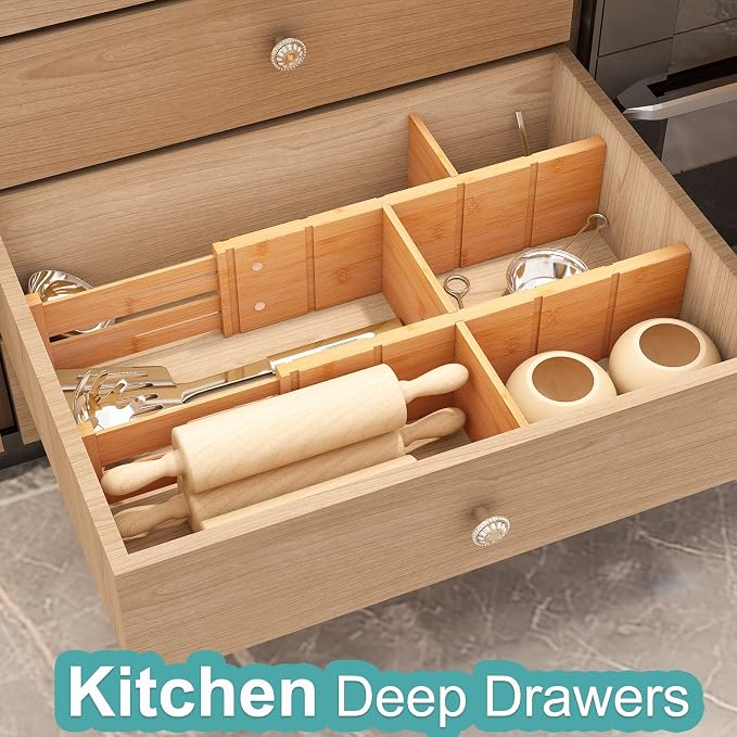 4.4" High Bamboo Drawer Dividers with Inserts, Kitchen Adjustable Drawer Organizers, Expandable Organization for Home, Office, Dressers, and Bathroom, 4 Divider with 8 Insert - Image 2