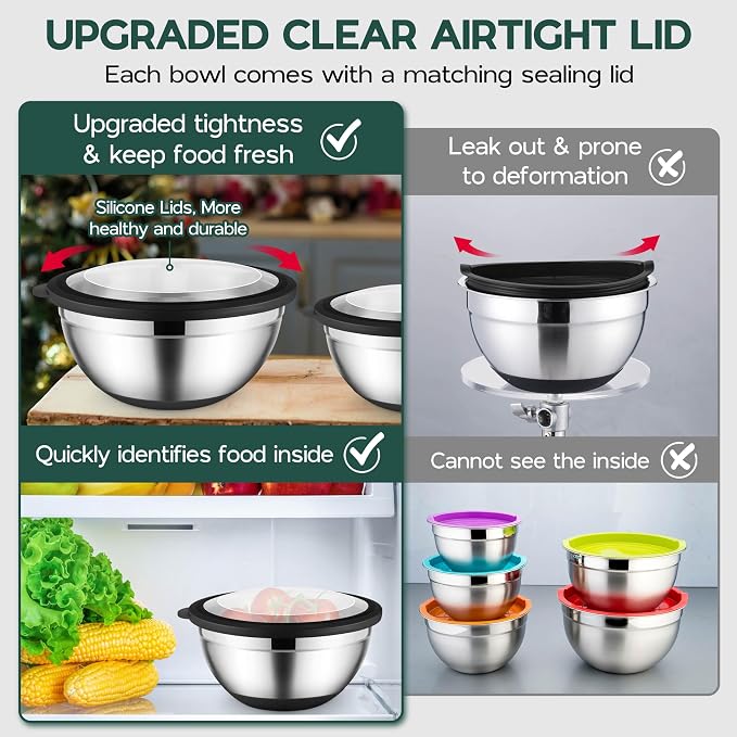 Onader Mixing Bowls with Lids Set of 6 for Kitchen, Stainless Steel Metal Nesting Bowls with Non-Slip Bottom Black - Size 1, 1.5, 2, 2.6, 3.5, 7QT - Image 7