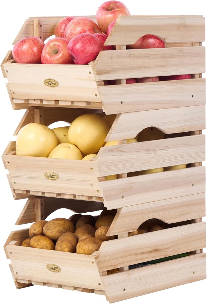 HABAU Wood Potato Onion Storage Bins - Wooden Stackable Produce Basket - Fruit Vegetable Storage for Kitchen Pantry Organization, Set 3 Pieces by HABAU