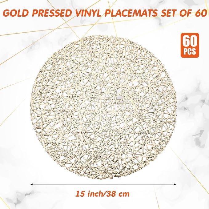 Sieral 60 Packs Gold Round Placemats 15 Inch Hollow Out Pressed Vinyl Place Mats Heat Resistant Woven Gold Placemats for Christmas Dinner Table Winter Holiday Party Wedding Centerpiece Decoration - Image 2