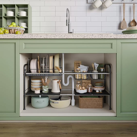 Expandable Under Sink Organizer，Pot and pan Organizer Under Cabinet | Pan Lid Organizer,Expandable Storage shelf with Pan Rack（7 Dividers）,2 Baskets and 4 Panels,Adjustable partition height by NETELOfficial