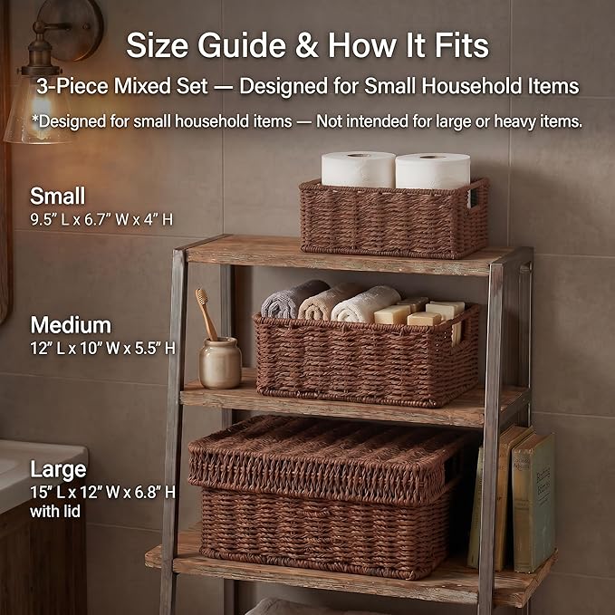 Wicker Storage Basket with Lid for Shelves, 3-Basket Set, Dark Brown | One rectangular wicker basket with lid and two open baskets for decorative shelf storage; removable lid flips into a tray. - Image 5
