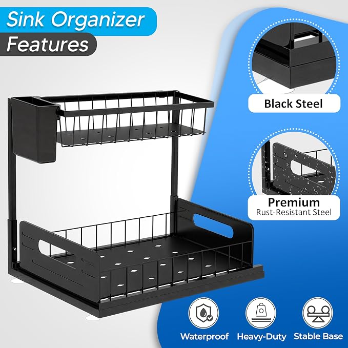 2 Pack Under Sink Organizer, Heavy Duty 2 Tier Slide-Out Storage, Space Saving Cabinet Organizer for Bathroom & Kitchen, Metal Shelf with Brush Holder, Black - Image 7