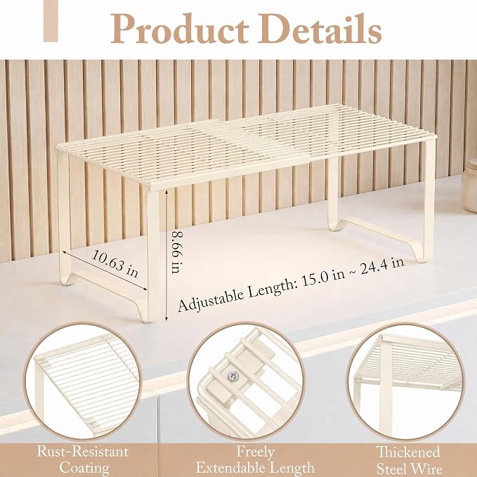Extendable Metal Wire Shelf Organizer - Adjustable 15-24.4in Length, Stackable Storage Rack for Kitchen/Pantry/Bathroom/Shoe Cabinet/Tool Closet (Cream, 4 Pack) - Image 3