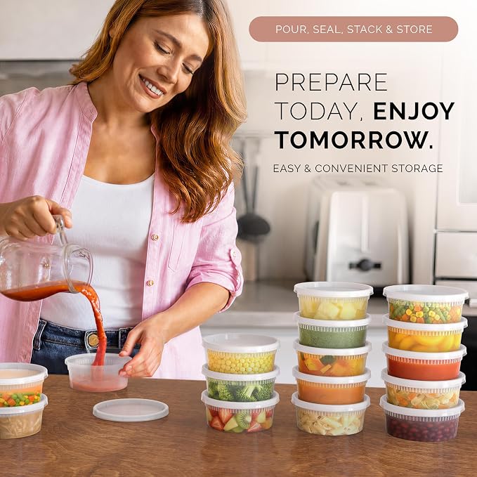 100 PACK (200 SETS) of 8 oz. Plastic Food Containers with Lids | Airtight, Microwave, Dishwasher, & Freezer Safe | Meal Prep, Disposable, Takeout Deli Soup Slime Round Food Storage Box - Image 5