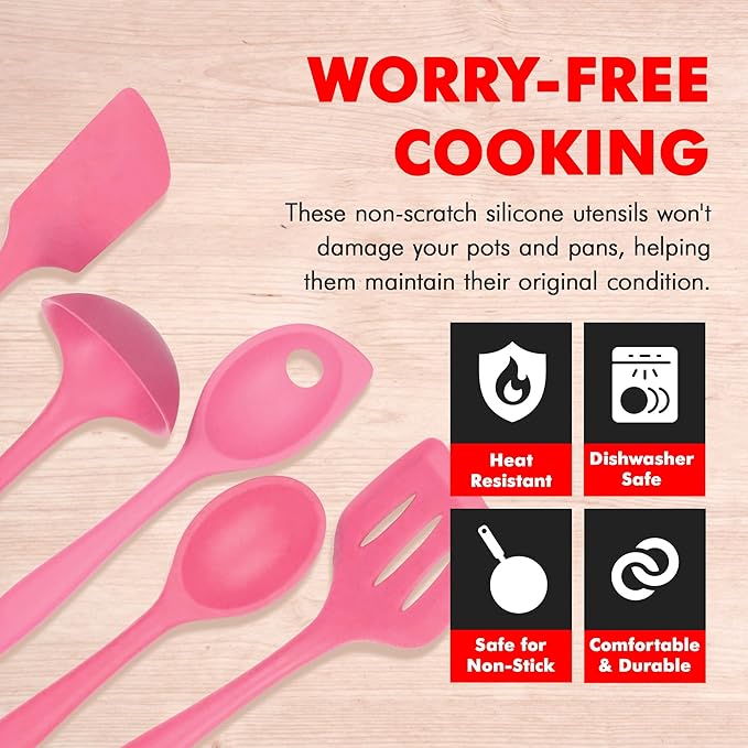 Chef Craft - Premium Silicone Kitchen Tools and Utensils Set, Non-Scratch, Withstands Temperatures up to 450°F, BPA-Free, 5 Piece Cooking Utensils Set, Pink - Image 3