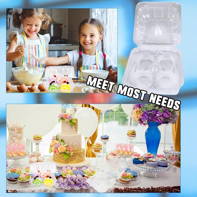 100 Pack Plastic Cupcake Containers 4-Compartment Clear Cupcake Box Containers Disposable 4 Cavity Cupcake Holder with Dome for Bakery Muffin Stackable - Image 5