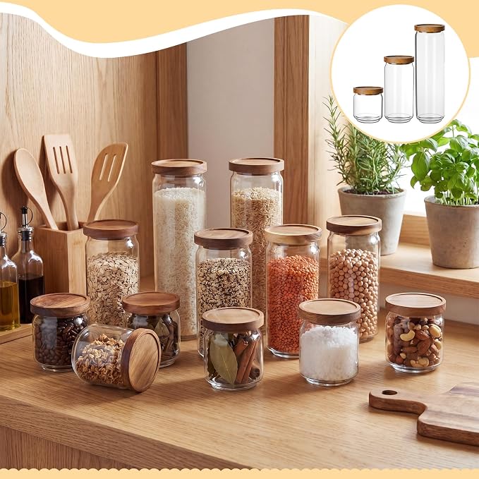 SiliFine 12 Set Glass Pantry Storage Jar with Acacia Airtight Lid 3 Size Glass Storage Container Jar for Pasta Spaghetti Cereal Coffee Bean Flour Sugar Rice, 17oz, 35oz, 53oz (Wood Lid) - Image 5