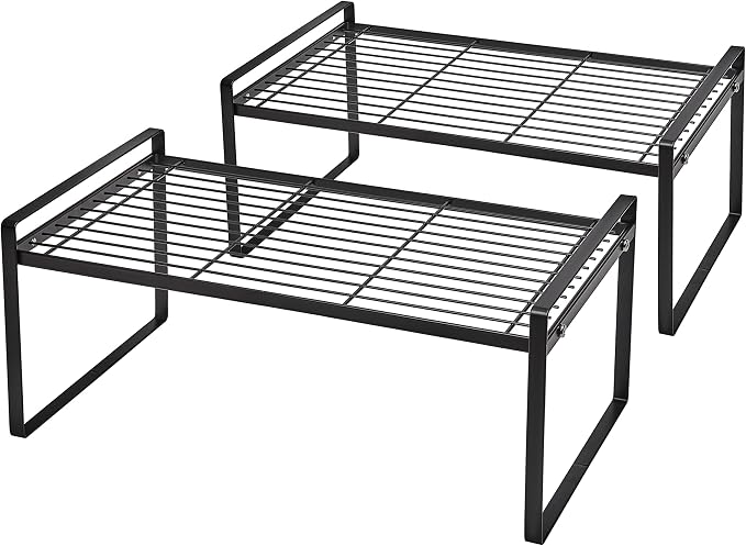 Shantton Cabinet Shelf Organizer, Pantry Shelf Rack, Black 16x8.3x7.3 | 2-Pack Stackable Metal Riser Holds 40LBS with Non-Slip Feet for Kitchen Pantry Bathroom Countertop Freezer Cupboard by Shantton