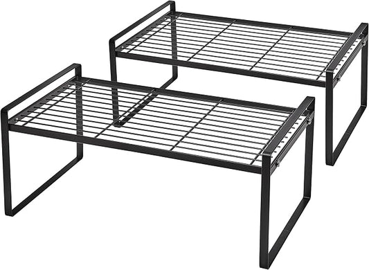 Shantton Cabinet Shelf Organizer, Pantry Shelf Rack, Black 16x8.3x7.3 | 2-Pack Stackable Metal Riser Holds 40LBS with Non-Slip Feet for Kitchen Pantry Bathroom Countertop Freezer Cupboard by Shantton